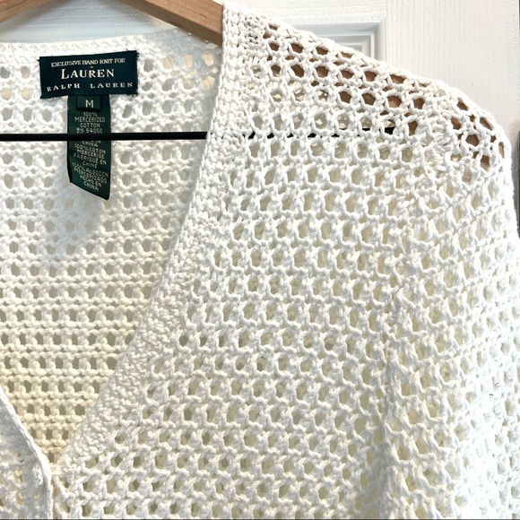Lauren by Ralph Lauren White Hand Knit Mercerized Cotton Cardigan Size M - Picture 6 of 11